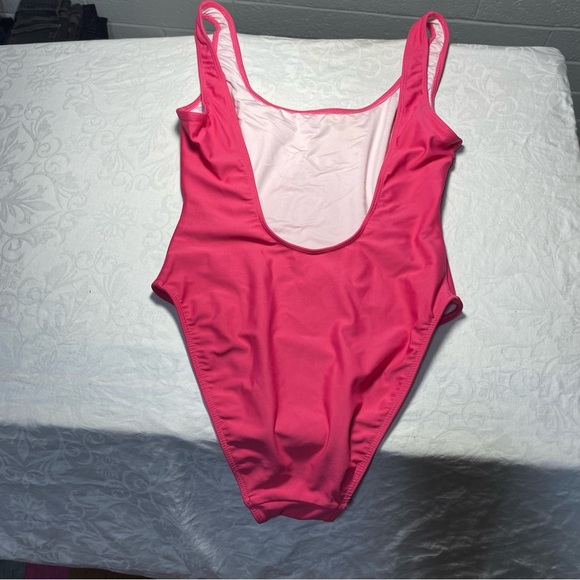 “No Photos Please” One Piece Swimsuit Hot Barbie Pink Open Back Women’s Medium - Picture 3 of 6
